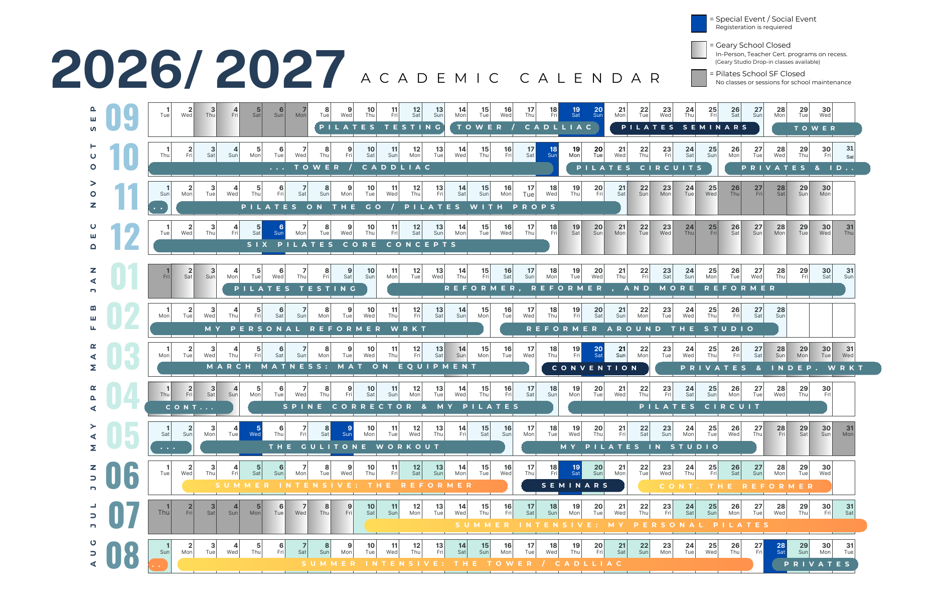 The Pilates School SF academic calendar from September 2026 through August 2027
