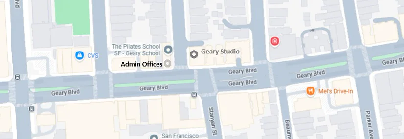 Neighborhood map showing The Pilates School administrative offices and Geary Studio on Geary Boulevard